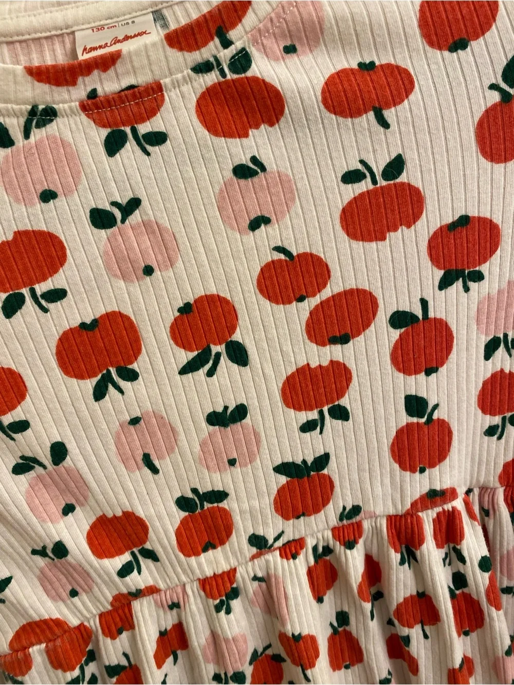 HANNA ANDERSON Girls 8 Long Sleeve Apple Fall Dress Cream w/ Red Apple Pattern